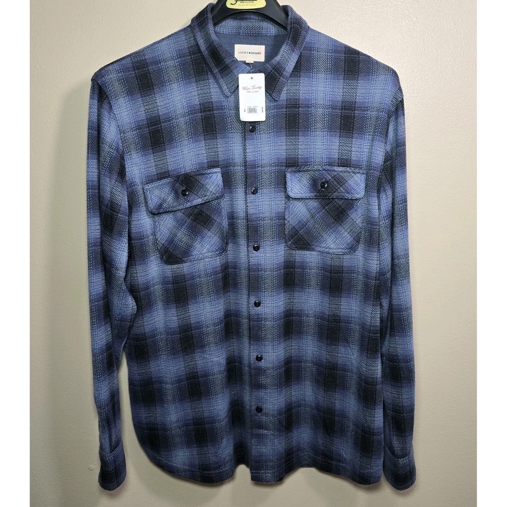 Lucky Brand Mens XXL Shirt Style 161878 Double Face Soft Knit Blue Plaid Stretch
